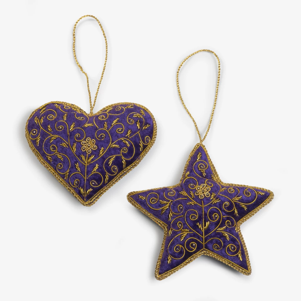 Zardozi-Baumschmuck Herz und Stern Lila