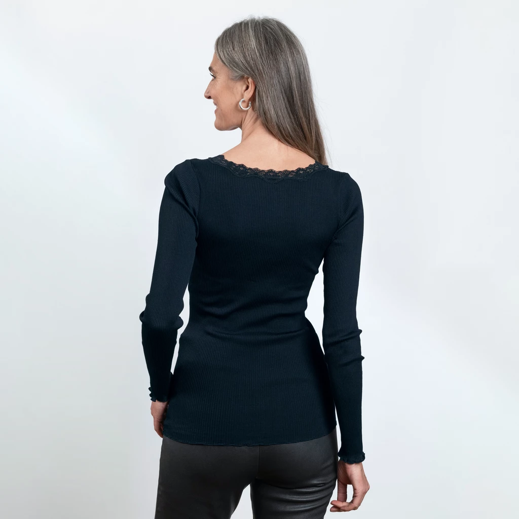 Rosemunde Langarm-Seidenshirt mit Spitze Babette Navy L