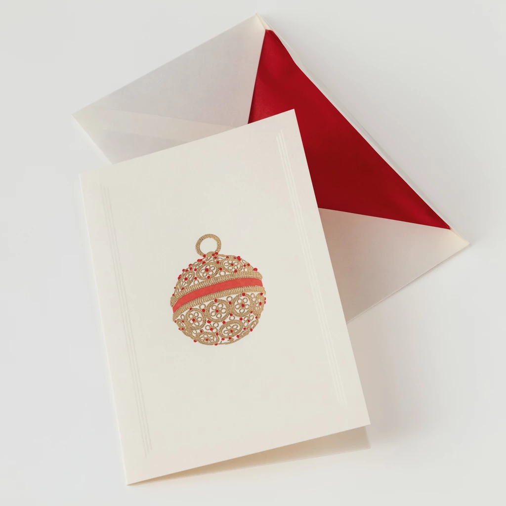Weihnachtskarte Stahlstich von Crown Mill Christbaumkugel