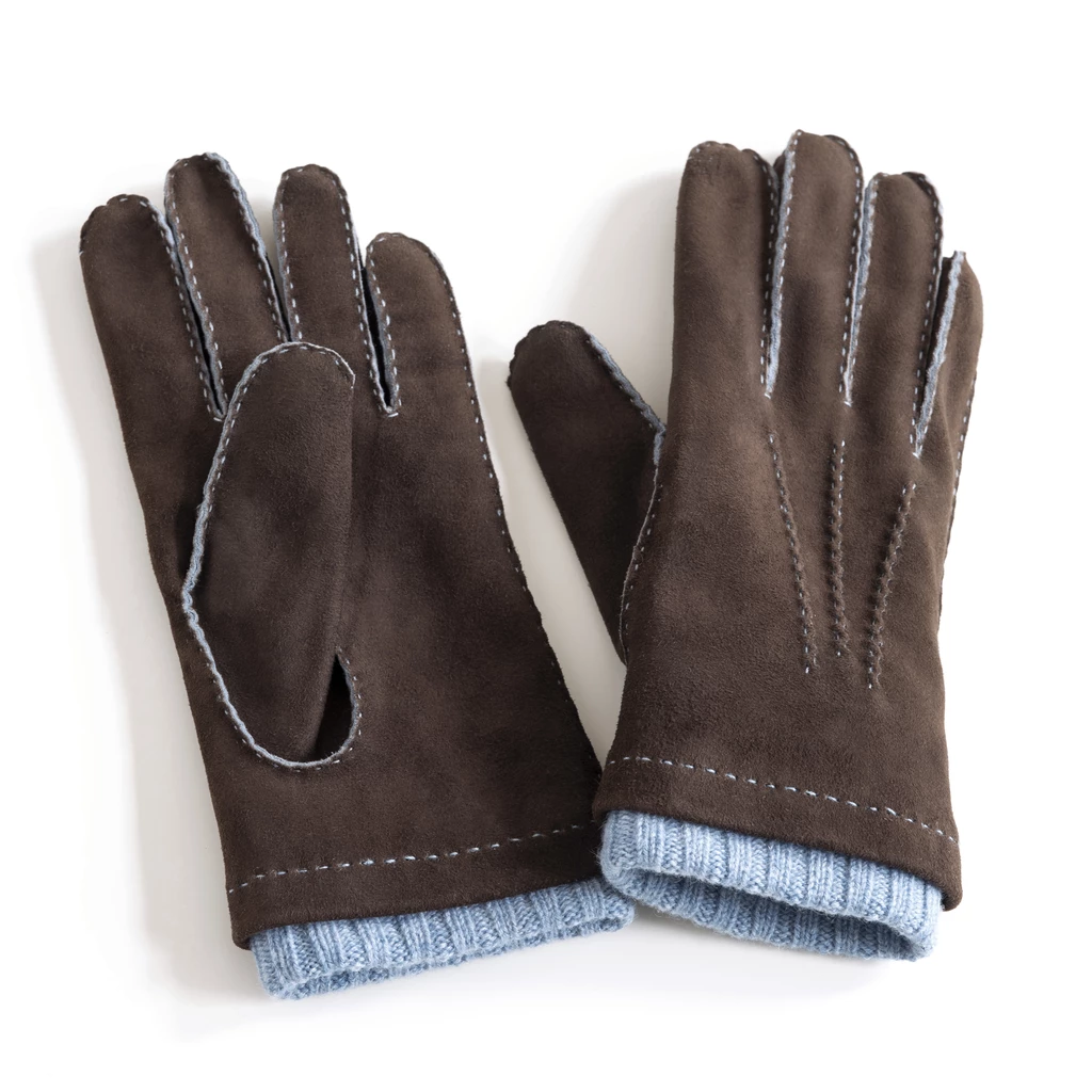 Herrenhandschuhe Ziegenleder Stulpe Braun/ Hellblau Gr. 9