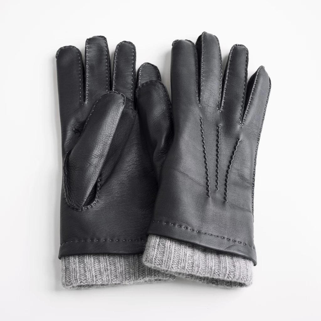 Herrenhandschuhe Hirschleder mit Stulpe Schwarz/Grau Gr. 8